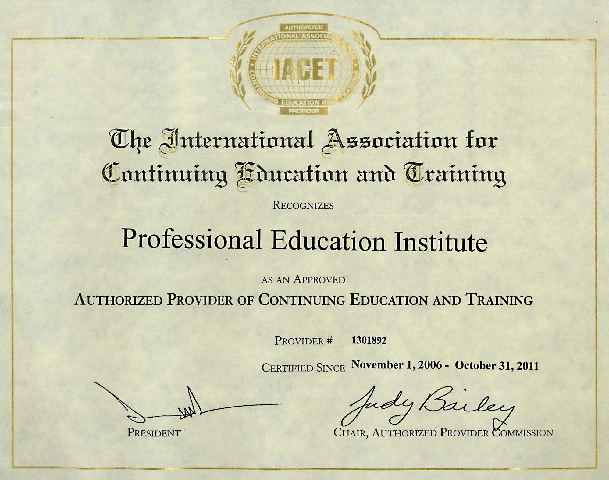 PEI IACET Certification 2006 - 2011