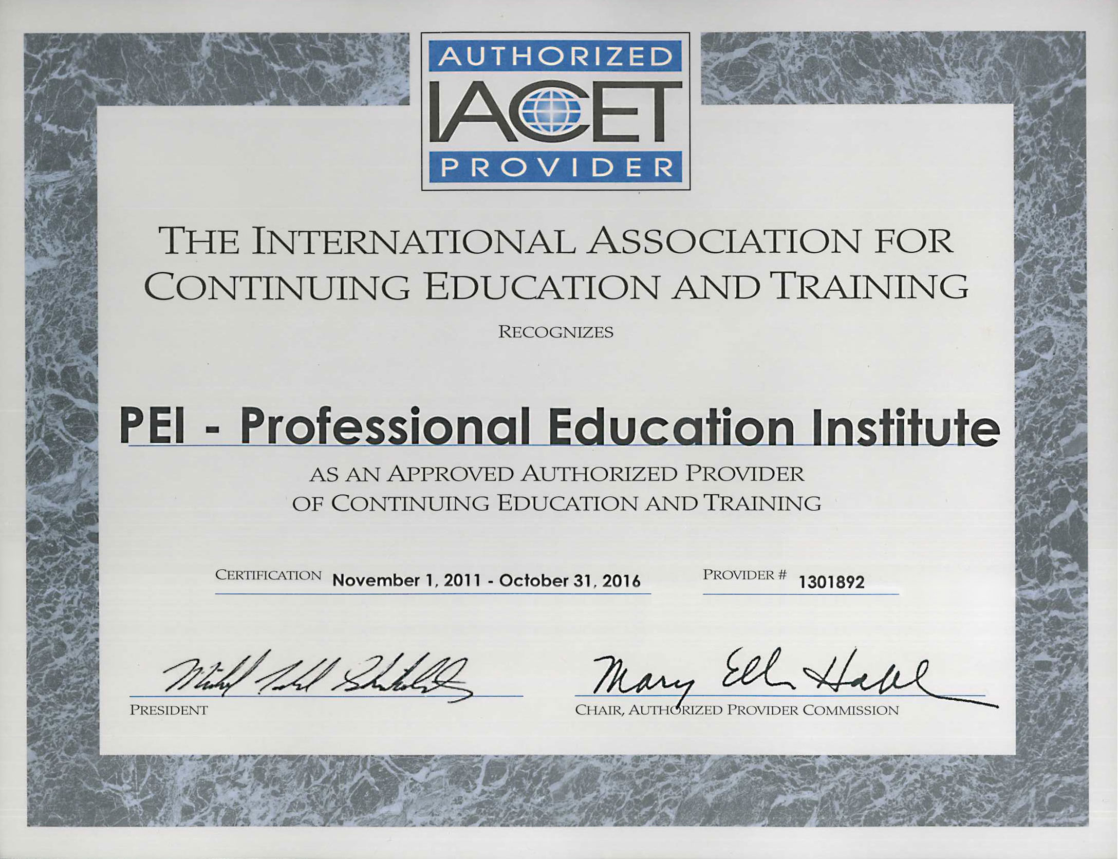 PEI IACET Certification 2011 - 2016